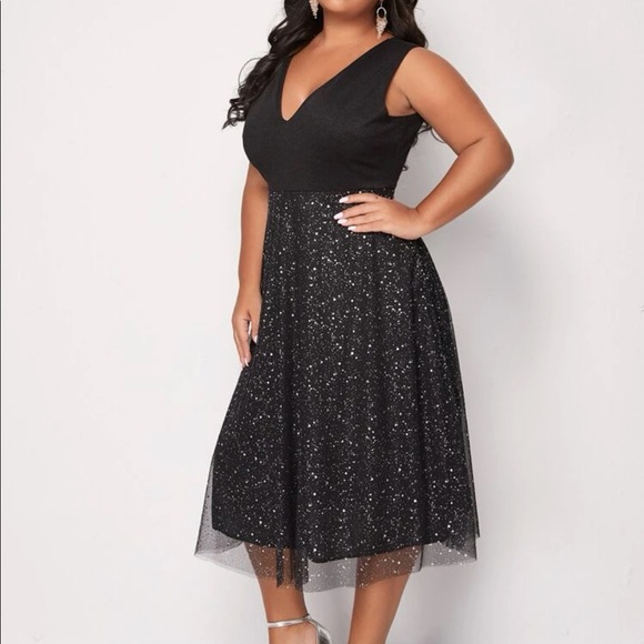 Boho v neck glitter mesh midi dress navy blue - Picture 5 of 9